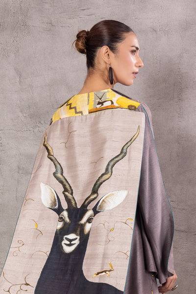 GREY DEER PRINTED DUPION JACKET WITH SKY BLUE DUPION BUTTERFLY PRINTED DRESS (AJP-02)