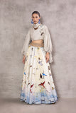 ASH GREY SILK DUPION TOP PAIRED WITH BLUE & GREY OMBRE BIRD PRINTED SILK DUPION WRAP SKIRT (AJP-03)