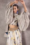 ASH GREY SILK DUPION TOP PAIRED WITH BLUE & GREY OMBRE BIRD PRINTED SILK DUPION WRAP SKIRT (AJP-03)