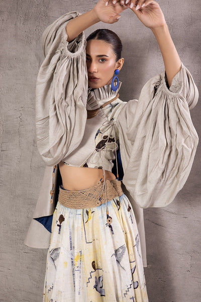 ASH GREY SILK DUPION TOP PAIRED WITH BLUE & GREY OMBRE BIRD PRINTED SILK DUPION WRAP SKIRT (AJP-03)