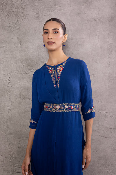 BLUE CHIFFION EMBROIDERED TUNIC WITH BELT (EM-07)