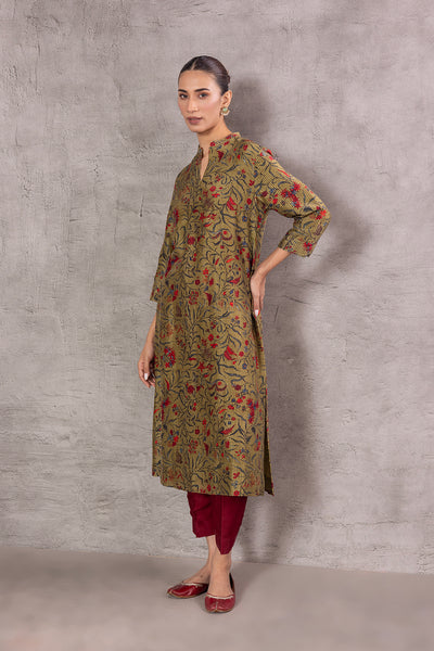 GREEN STRIPE & FLORAL CHANDERI PRINTED KURTA ( SV-13/KUR)