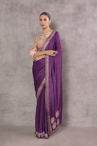 WINE PURE SATIN ANTIQUE ZARI EMBROIDERED SAREE