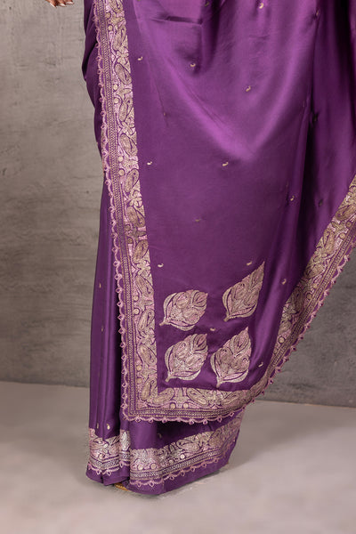 WINE PURE SATIN ANTIQUE ZARI EMBROIDERED SAREE