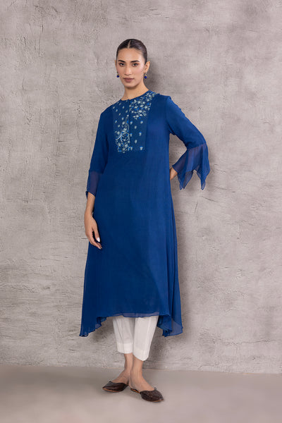 BLUE CHIFFON PRINTED EMBROIDERED TAGAAI KURTA (INY-29B)