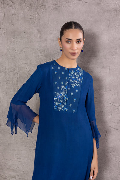 BLUE CHIFFON PRINTED EMBROIDERED TAGAAI KURTA (INY-29B)