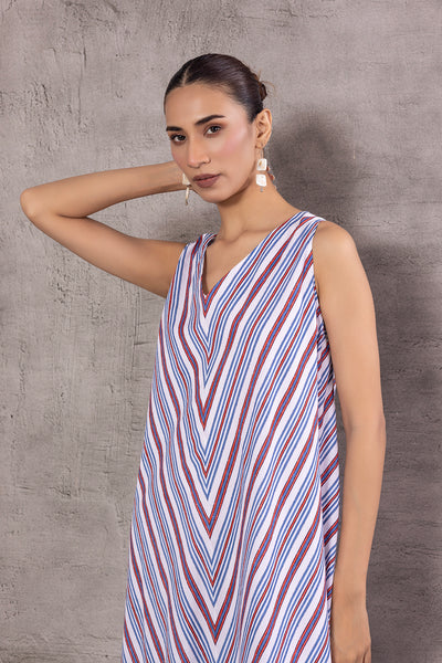 WHITE COTTON STRIPE PRINTED HANKERCHIEF DRESS