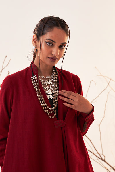 Red Woolen Embroidered High Low Wrap Jacket (WLN-04/JKT)