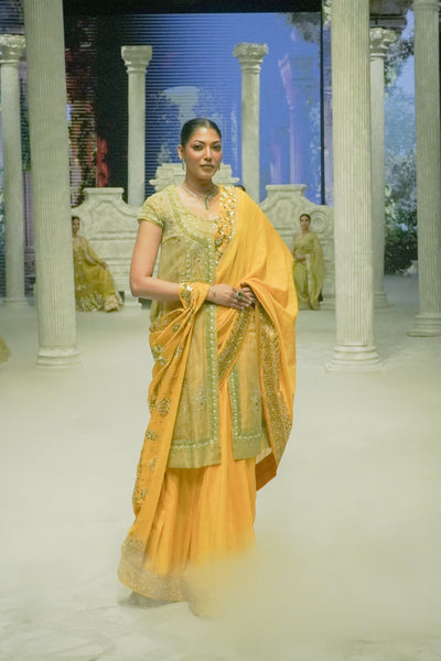 MUSTARD EMBROIDERED SAREE PAIRED WITH A MINT GREEN EMBROIDERED TISSUE JACKET. (4 PCS)