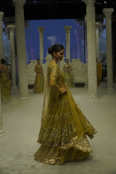 OLIVE EMBROIDERED ANARKALI PAIRED WITH A GOTA-DETAILED TULLE SKIRT AND A TOOSH DUPATTA.(3 PCS)