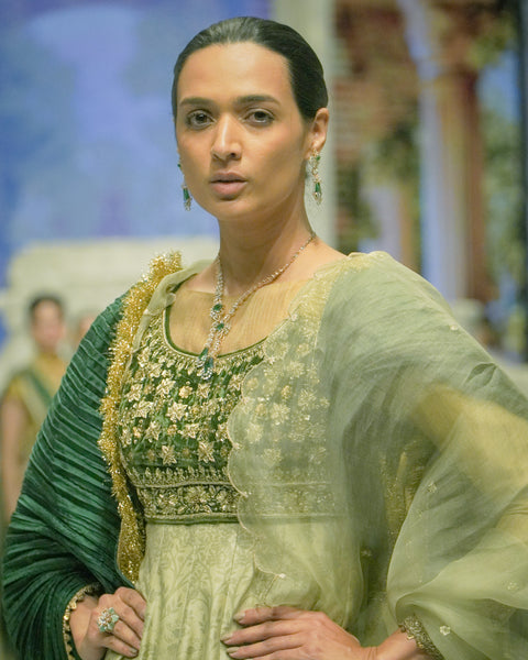 MINT EMBROIDERED ANARKALI PAIRED WITH A PRINTED EMB KOTI, CRINKLED SHARARA, MINT DUPATTA AND BOTTLE GREEN DUPATTA.(4 PCS )