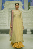 CRINKLED EMBROIDERED ANARKALI PAIRED WITH A MUSTARD FOIL-PRINTED SKIRT AND EMBROIDERED DUPATTA. (3 PCS)