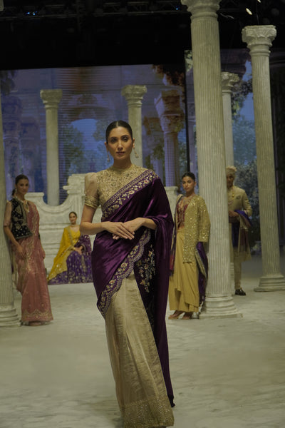 TWO-PIECE SAREE FEATURING A DEEP FALSA VELVET DUPATTA WITH TUSSAR EMBROIDERY, PAIRED WITH A TOOSH EMBROIDERED CHANDERI BLOUSE. (3PCS)