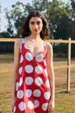 RED AND WHITE POLKA LIKE 1960S PRINTED COTTON DRESS (CM-17A/DRS)