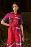 RED ASYMMETRIC CHECK COTTON JUMPSUIT (CM-14/TNC)