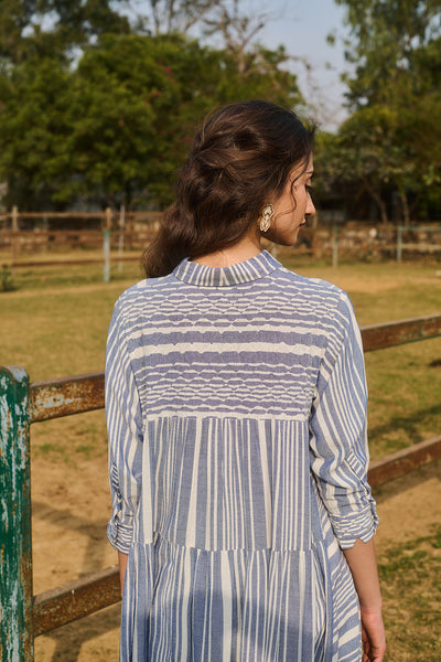 BLUE AND WHITE COTTON STRIPE ASYMMETRIC SHIRT STYLE TUNIC (CM-02/TNC)