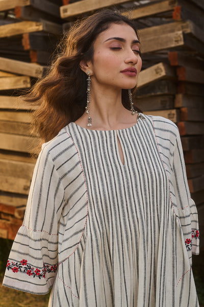 BLACK & WHITE COTTON STRIPE DRESS WITH EMBROIDERED SLEEVES (CM-12/DRS)