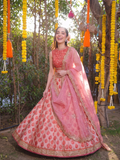BLUSH PINK FLORAL LEHENGA PAIRED WITH AN EMBROIDERED CORAL BLOUSE AND A SHEER SCALLOPED DUPATTA. (3PCS)