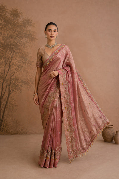 DUSTY ROSE TISSUE EMBROIDERED SAREE WITH BLOUSE PIECE (2PCS)