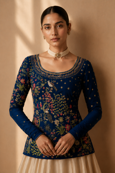 A DEEP BLUE EMBROIDERED TOP PAIRED WITH A FLOWING IVORY SKIRT.(2PCS)