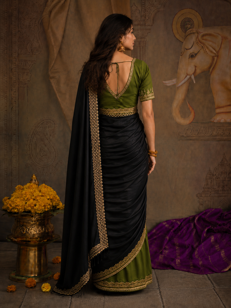 A BLACK SAREE WITH A BEAUTIFUL TOUCH OF OLIVE. (2 PCS)
