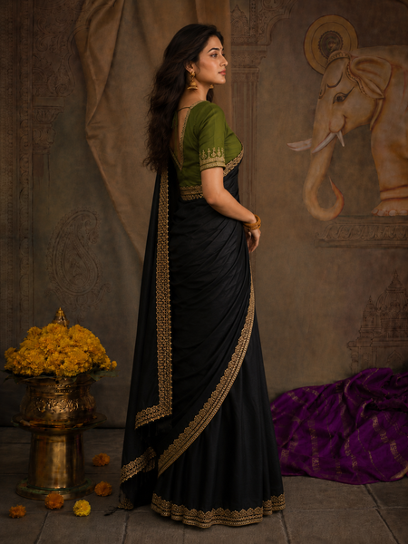 A BLACK SAREE WITH A BEAUTIFUL TOUCH OF OLIVE. (2 PCS)