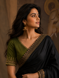 A BLACK SAREE WITH A BEAUTIFUL TOUCH OF OLIVE. (2 PCS)