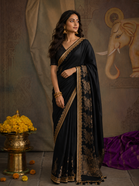 A BLACK SAREE THAT STANDS OUT WITH EVERY DETAIL. (2PCS)