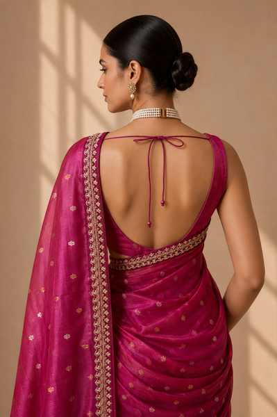 A BRIGHT PINK SAREE WITH SMALL GOLD MOTIFS AND AN EMBROIDERED BORDER. (2PCS)