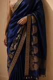A DEEP NAVY BLUE SAREE WITH GOLD FLORAL DETAILS. (2PCS)