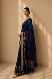 A DEEP NAVY BLUE SAREE WITH GOLD FLORAL DETAILS. (2PCS)
