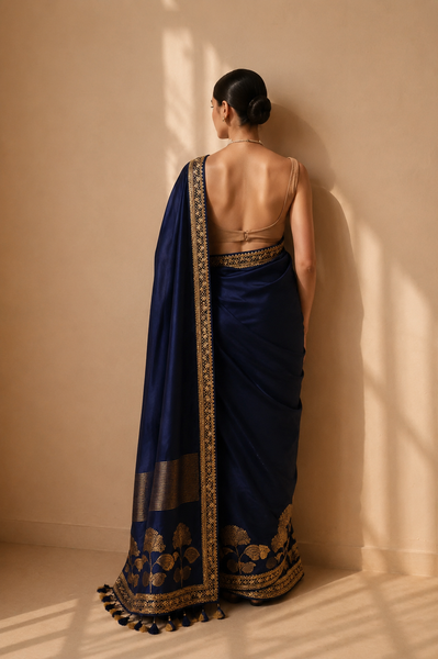 A DEEP NAVY BLUE SAREE WITH GOLD FLORAL DETAILS. (2PCS)