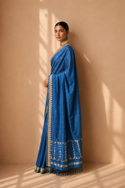 A POWDER BLUE SAREE WITH SMALL MOTIFS AND GOLD BORDER DETAILS. (2PCS)