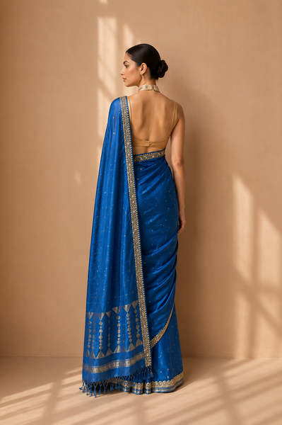 A POWDER BLUE SAREE WITH SMALL MOTIFS AND GOLD BORDER DETAILS. (2PCS)