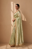 A SOFT PASTEL GREEN SAREE WITH A DETAILED GOLD BORDER. (2PCS)