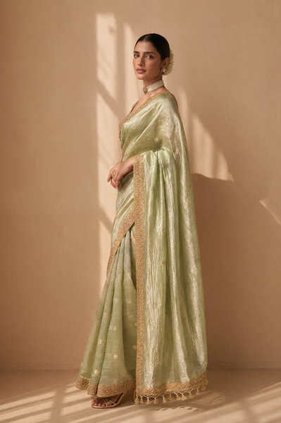 A SOFT PASTEL GREEN SAREE WITH A DETAILED GOLD BORDER. (2PCS)