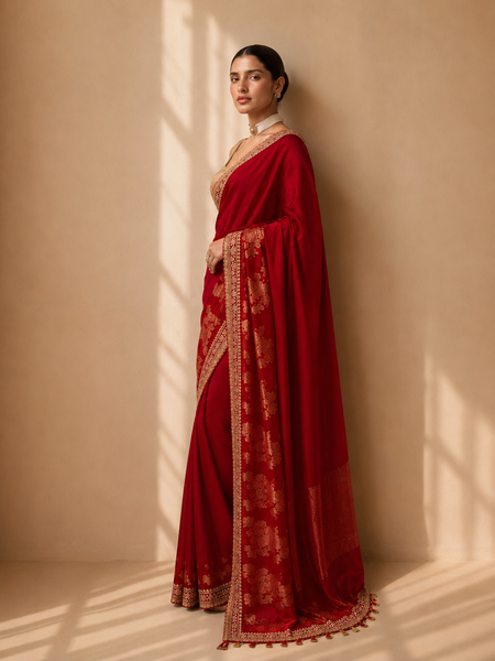 A DEEP RED SAREE FINISHED WITH GOLD BORDER DETAILS. (2PCS)