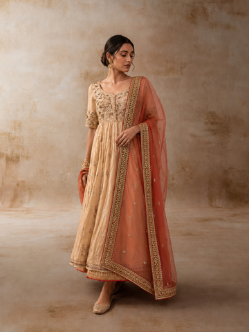 RUST ORGANZA TISSUE EMBROIDERED DUPATTA