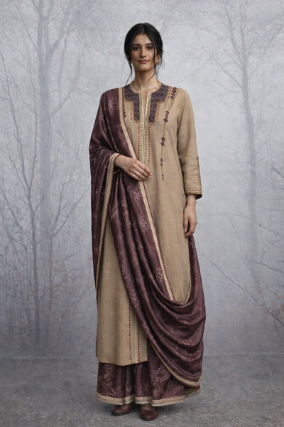 A LINEN JACKET STYLED WITH A BROWN TUSSAR SAREE FOR A QUIET, GROUNDED LOOK.