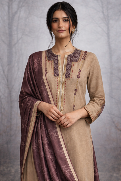 A LINEN JACKET STYLED WITH A BROWN TUSSAR SAREE FOR A QUIET, GROUNDED LOOK.