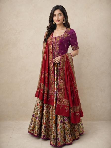 VIBRANT MAGENTA LEHENGA SET FEATURING INTRICATE EMBROIDERY, FLORAL PATTERNS, AND A RICHLY DETAILED DUPATTA.