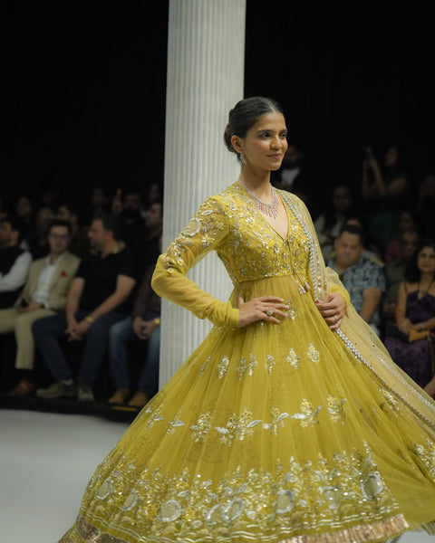 OLIVE EMBROIDERED ANARKALI PAIRED WITH A GOTA-DETAILED TULLE SKIRT AND A TOOSH DUPATTA.(3 PCS)