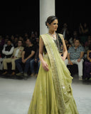 PISTACHIO GREEN EMB LEHENGA SAREE PAIRED WITH A BLACK FLORAL EMB BLOUSE AND EMBELLISHED JACKET.(4 PCS)