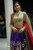 PURPLE BANARASI BROCADE LEHENGA PAIRED WITH A TOOSH EMBROIDERED BLOUSE, TOOSH EMB CRUSHED DUPATTA, AND RED EMBROIDERED DUPATTA.(4PCS)
