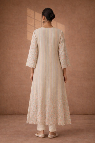 AN AIRY OFF-WHITE CHANDERI JACKET KURTA WITH PASTEL DETAILING