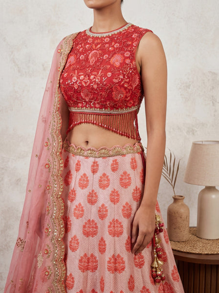 PINK LEHENGA SET FEATURING INTRICATE EMBROIDERY, FLORAL MOTIFS, AND A DELICATELY EMBELLISHED DUPATTA.