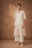 IVORY CHANDERI KURTA WITH PINK FLORAL EMBROIDERY AND SCALLOPED EDGES (Copy)