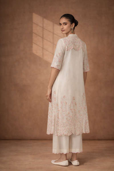 IVORY CHANDERI KURTA WITH PINK FLORAL EMBROIDERY AND SCALLOPED EDGES (Copy)