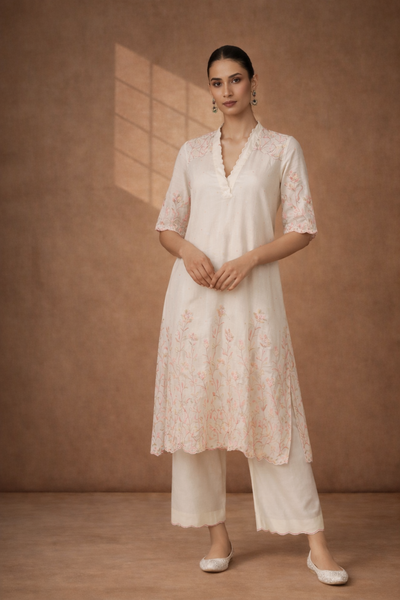 IVORY CHANDERI KURTA WITH PINK FLORAL EMBROIDERY AND SCALLOPED EDGES (Copy)