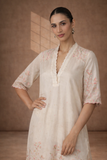 IVORY CHANDERI KURTA WITH PINK FLORAL EMBROIDERY AND SCALLOPED EDGES (Copy)